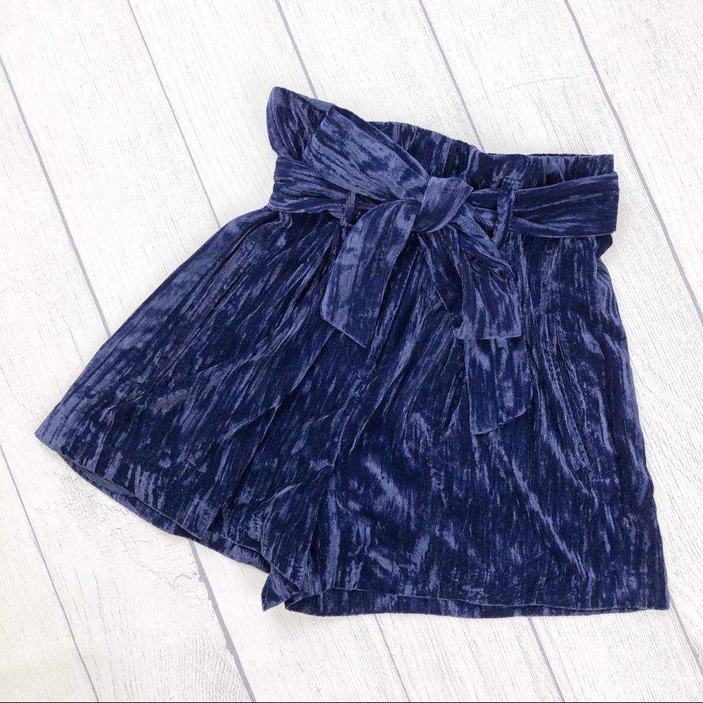 Topshop Velvet  Paperbag Tie High Waist‎ Blue Short